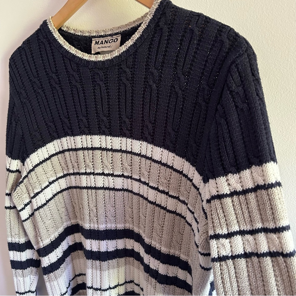 Vintage Women’s Cable Knit Sweater in Navy and Cream Stripes